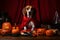 Spooky portrait of an Beagle (dog) in a Halloween setup in studio, dramatic lighting. Created with generative AI