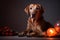 Spooky portrait of a Labrador Retriever in a Halloween setup in studio, dramatic lighting. Created with generative AI
