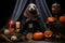 Spooky portrait of an otter in a Halloween setup in studio, dramatic lighting. Created with generative AI