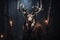 Spooky portrait of a reindeer or deer in a Halloween setup in studio, dramatic lighting. Created with generative AI