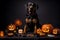 Spooky portrait of a Rottweiler (dog) in a Halloween setup in studio, dramatic lighting. Created with generative AI