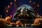 Spooky portrait of a turtle or tortoise in a Halloween setup in studio, dramatic lighting. Created with generative AI