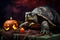 Spooky portrait of a turtle or tortoise in a Halloween setup in studio, dramatic lighting. Created with generative AI