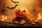 Spooky presentation 3D rendering features pumpkin podium, smoke, conjuring Halloween ambiance