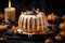 A spooky pumpkin-shaped bundt cake covered in orange-tinted cream cheese frosting and candy corn accents.GenerativeAI.