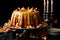 A spooky pumpkin-shaped bundt cake covered in orange-tinted cream cheese frosting and candy corn accents.GenerativeAI.