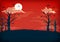Spooky red and dark blue night background with full moon, clouds, bare trees and bats.