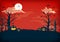 Spooky red and dark blue night background with full moon, clouds, bare trees, bats and pumpkins.