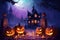 Spooky scene of a creepy house with pumpkins and jack-o-lanterns in the foreground