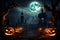 Spooky scene Halloween backdrop showcases pumpkins, graveyard, and a full moon in vector