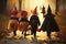 Spooky Squad Back View Group of Kids with Halloween Costumes Walking to Trick or Treating. created with Generative AI