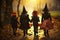 Spooky Squad Back View Group of Kids with Halloween Costumes Walking to Trick or Treating. created with Generative AI