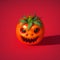 This spooky tomato resembles a Halloween pumpkin with eyes and teeth. AI generated