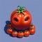 This spooky tomato resembles a Halloween pumpkin with eyes and teeth. AI generated