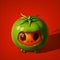 This spooky tomato is a vegetable version of a carved pumpkin with nose and eyes. AI generated