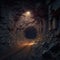 Spooky tunnel of an abandoned mine with rusted rail tracks leading into darkness. Generative AI illustration