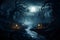 Spooky Wilderness at Night with Haunted Houses, Gnarled Trees, Fog, and Moonlight. Halloween Background. Generative AI