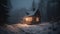 Spooky winter night in the forest, lantern illuminates abandoned hut generated by AI