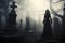 Spooky woman vampire standing at misty graveyard. Generative AI