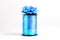 Spool of blue curling ribbon roll and decorative gift bow on white background