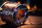 a spool of wire with lights on it on a table with a blurry background of lights and a string of wire