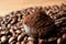 Spoon with coffee grounds and roasted beans on table