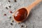 Spoon of delicious barbeque sauce, ingredients on background, space for text. Top view