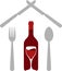 Spoon, fork, knife and Wine bottle and glass, sticker label, restaurant logo