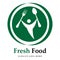 Spoon, fork and man on green plate. Fresh and healthy food logo