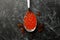 Spoon with fresh red caviar on black smokey background