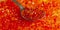 Spoon with fresh red caviar Trout caviar closeup. Russian delicacy