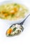 Spoon full of chicken or beef soup with noodles carrot and herbs