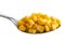 Spoon full of tinned sweetcorn isolated on white.