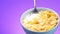 The spoon lifts up the corn flakes drenched in milk. colored background. cooking dry breakfast close-up. yellow food