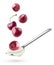 Spoon with natural yogurt and cherries flying over it isolated on white background