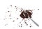 Spoon in a pool of chocolate on white background, top view