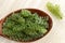 Spoon of Sea grapes or green caviar Caulerpa lentillifera Seaweed isolated on white background. Top view