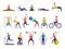 Sport activities. Active people making fitness actions running jumping playing cycling vector characters