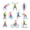 Sport activities. Characters outdoor making some exercises active people running man gymnastics fitness vector pictures