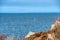 Sport, activity and leisure: a sailing boat alone in the Baltic sea in the Oresund Strait nearby Kullaberg Nature Reserve