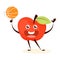Sport apple training with basketball ball. Vegetable with face,