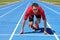 Sport athletics track and field stadium fitness athlete starting race at running tracks ready to run. Runner man going