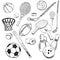 Sport balls Hand drawn sketch set with baseball, bowling, tennis football, golf balls and other sports items. Drawing doodles elem