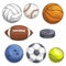 Sport balls set. Hand drawn color pencil sketch icons.