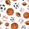 Sport balls for soccer, basketball, baseball and rugby on white, seamless pattern