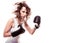 Sport boxer woman in black gloves. Fitness girl training kick boxing