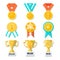 Sport or business trophy award icons set. Hanging medals, gold cups and gold awards on white.