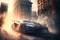 Sport car drifting on city street, racing car in smoke and fire from burning tires, generative AI