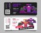 Sport car racing competition entering tickets with bolid car illustration and bar code, layout template