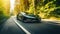 Sport car zooming fast on a scenic winding country road amidst nature\\\'s beauty